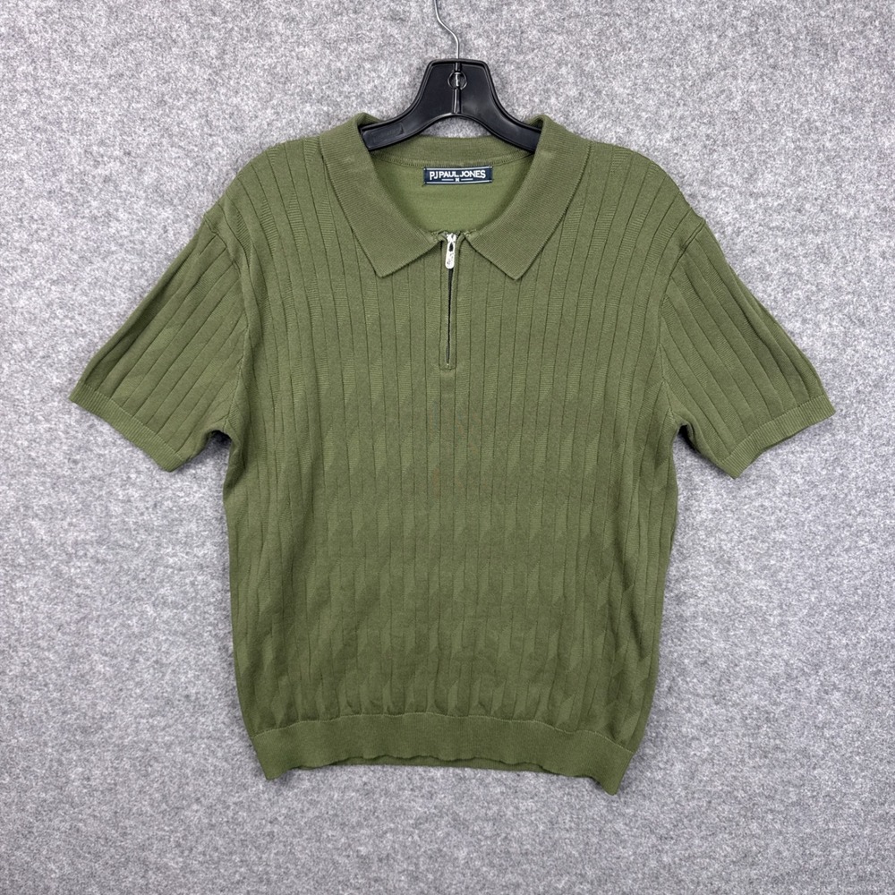 PJ Paul Jones Mens Knit Polo Medium Olive Green Viscose Quarter Zip Textured